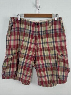 J. Crew Size 34 Waist Men's Plaid Cream, Maroon, Blue Zipper Fly Cargo Shorts
